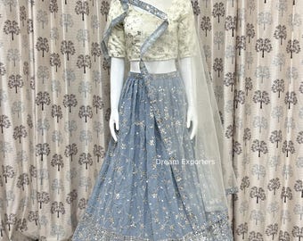 Gray Lehenga Choli For Women: Indian Wedding Georgette Lengha Choli Bollywood Style Outfit