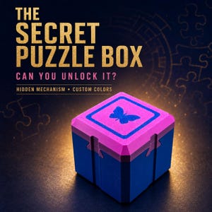 May include: A square puzzle box featuring a blue base and a bright pink lid with a blue butterfly graphic on top. The text reads: THE SECRET PUZZLE BOX, CAN YOU UNLOCK IT?, HIDDEN MECHANISM, CUSTOM COLORS. The box has interlocking side panels.