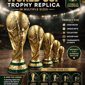 May include: Five gold-colored World Cup trophy replicas of varying sizes arranged in a row. The base of each trophy is green with the text FIFA WORLD CUP. A chart displays sizes ranging from 2.8 inches to 14.5 inches for the five available models.