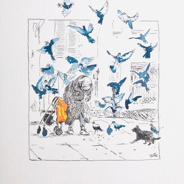 Dessin Original avec de l’encre « DAME AVEC PIGEONS »