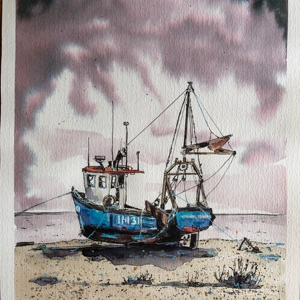 Encre et Aquarelle Originale BATEAU DE PÊCHE