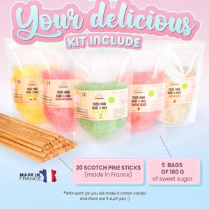May include: A cotton candy kit includes five bags of colored sugar, each weighing 160 grams, and 20 Scotch pine sticks. The kit features yellow, pink, green, and white sugar, with text in French. The packaging is clear plastic.