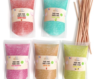 Cotton Candy Sugar for Machine, 5X160 Gr (Natural Flavors and Colors) Strawberry-Cola-Apple-Marshmallow-Vanilla + 20 Sticks of 28 Cm