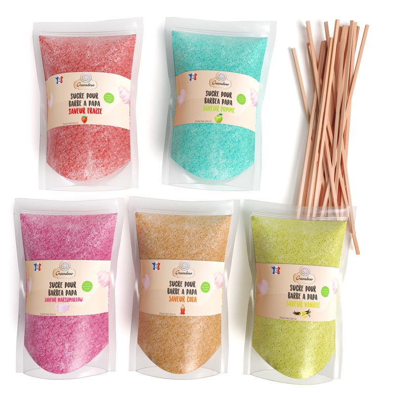 Cotton Candy Sugar for Machine, 5X160 Gr Natural Flavors and Colors Strawberry-Cola-Apple-Marshmallow-Vanilla 20 Sticks of 28 Cm image 1