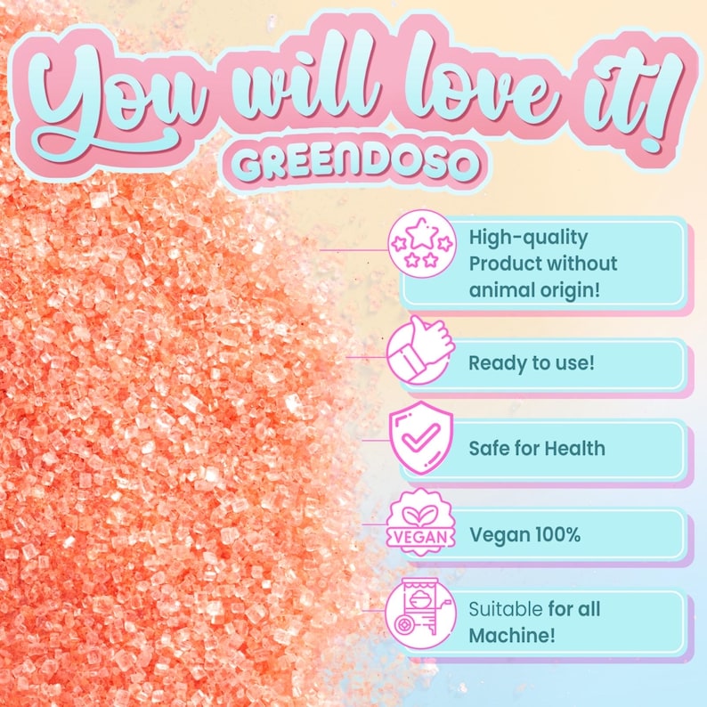May include: Pink, crystalline product with the text "You will love it!" and "GREENDOSO". Additional text includes "High-quality Product without animal origin!", "Ready to use!", "Safe for Health", "Vegan 100%", and "Suitable for all Machine!"