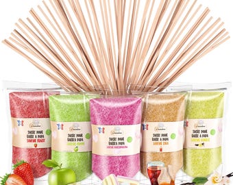 Cotton Candy Sugar for Machine, 5X160 Gr (Natural Flavors and Colors) Strawberry-Cola-Apple-Marshmallow-Vanilla + 20 Sticks of 28 Cm