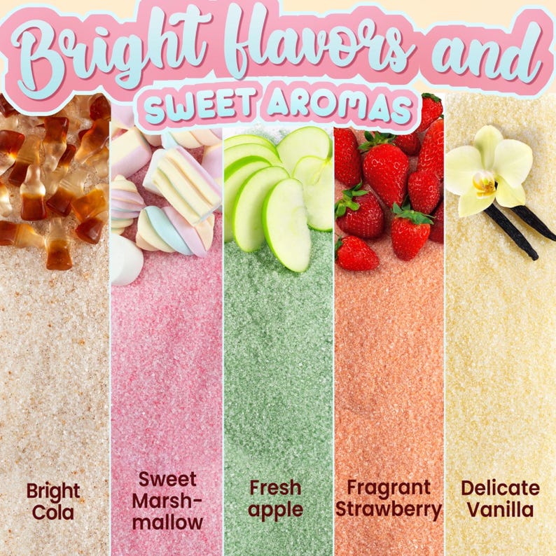 May include: An image showcasing a variety of flavors and aromas. The text "Bright Flavors and Sweet Aromas" is at the top. Featured are cola-shaped candies, marshmallows, apple slices, strawberries, and vanilla beans, each with a corresponding flavor label.