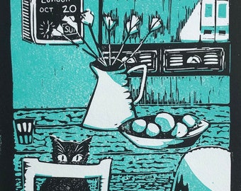 Linocut original impreso a mano: Milo en la mesa