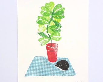 Obra de arte original de higo de hoja de violín y gato dormido