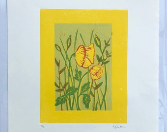 Linocut original de edición limitada impreso a mano: Amapolas silvestres