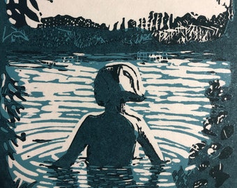 Estampado de natación salvaje - linocut original