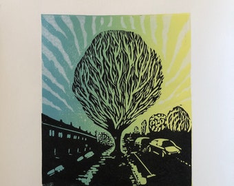 Linocut original de edición limitada, árbol de invierno en Marston, Oxford