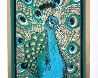 Linocut original de peacock impreso a mano