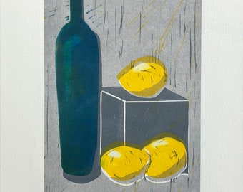 Luz sobre limones, linocut impreso a mano