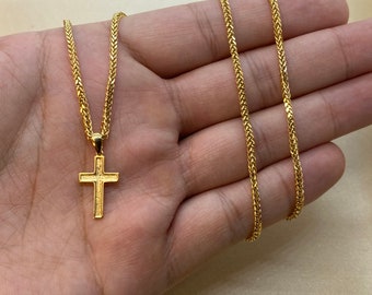 18k solid Gold Cross Necklace with Franco chain Diamond Cut So Shiny and Durable, 19.5 inches,2mm