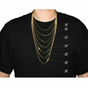 May include: A series of seven gold-toned chains layered on a black background, with labels indicating lengths of 18, 20, 22, 24, 26, 28, and 30 inches. The thin, metallic chains are arranged in a cascading formation to demonstrate different necklace lengths.