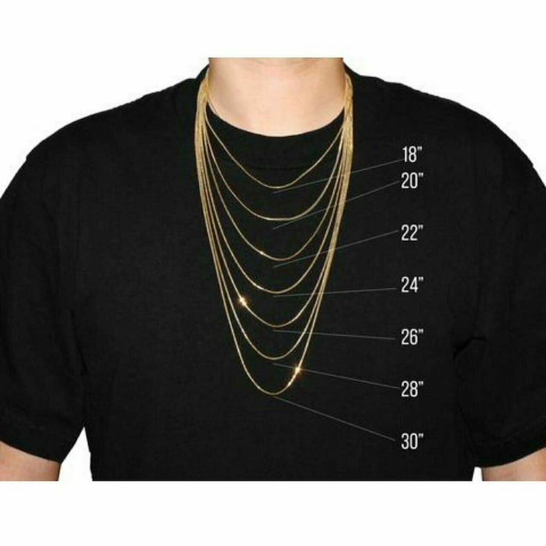 May include: A series of seven gold-toned chains layered on a black background, with labels indicating lengths of 18, 20, 22, 24, 26, 28, and 30 inches. The thin, metallic chains are arranged in a cascading formation to demonstrate different necklace lengths.