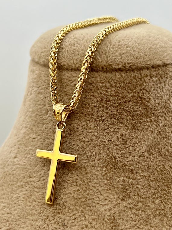 18k Real Gold Cross Necklace: Diamond Cut Franco Chain.