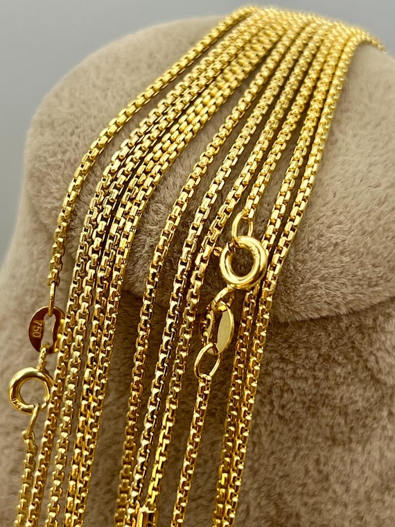 18K Real Gold Box Chain Necklace: 1.5mm Width