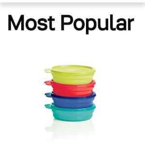 Könnte beinhalten: Ein Stapel von vier bunten Tupperware-Müslischalen mit Deckeln. Die Schalen sind in den Farbtönen Grün, Rot, Blau und Türkis gehalten. Der Text "Most Popular" und "Microwave Reheatable Cereal Bowls" ist sichtbar.