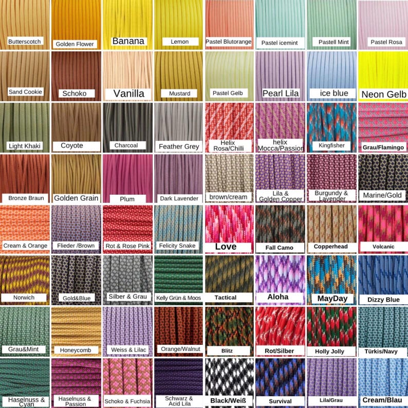 May include: A grid of 72 rectangular swatches displaying various colors and patterns of paracord rope. Each swatch features a label with names such as Butterscotch, Banana, Neon Gelb, Love, and Tactical, showcasing solid colors and multi-colored weaves.