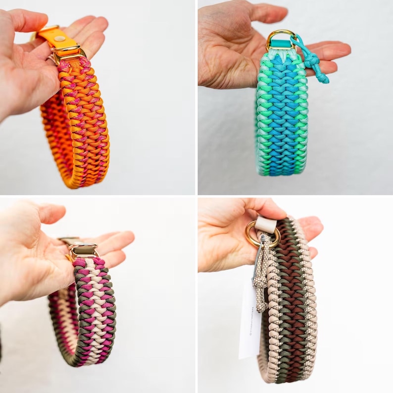 May include: Four colorful dog collars are displayed. The collars are made of woven paracord in various colors, including orange, pink, green, blue, and brown. Each collar has a metal buckle and ring.