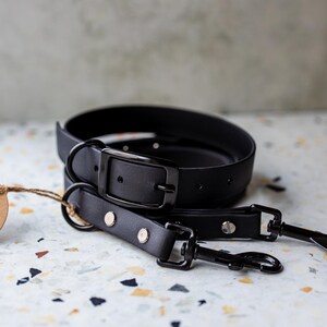 May include: Black leather dog collar and leash set. The collar features a metal buckle, and the leash has metal clasps. A brown tag with the words "HAND MADE" is attached to the collar.