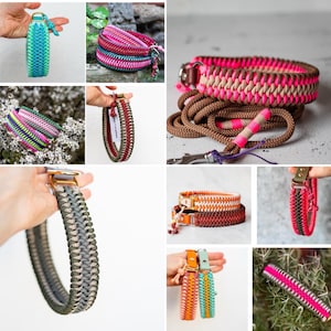 May include: A collection of handmade dog collars and leashes in various colors and patterns. The collars feature braided designs in shades of pink, brown, green, and blue. Some collars have metal hardware and matching leashes.