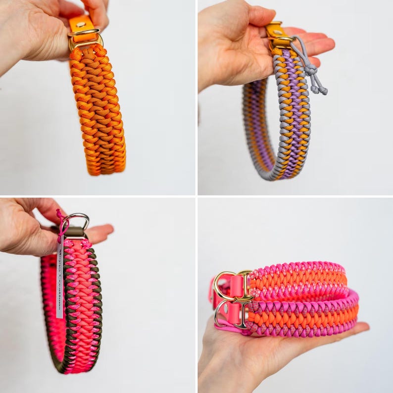 May include: Four colorful dog collars in orange, purple, pink, and a combination of pink and orange. Each collar is made of woven material with a leather and metal buckle. The collars are displayed against a white background.