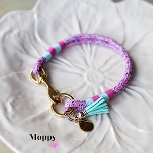 May include: A colorful dog collar with a braided design in shades of pink, purple, and blue. It features a gold-colored clasp and a small, light blue tassel. A gold charm hangs from the collar.