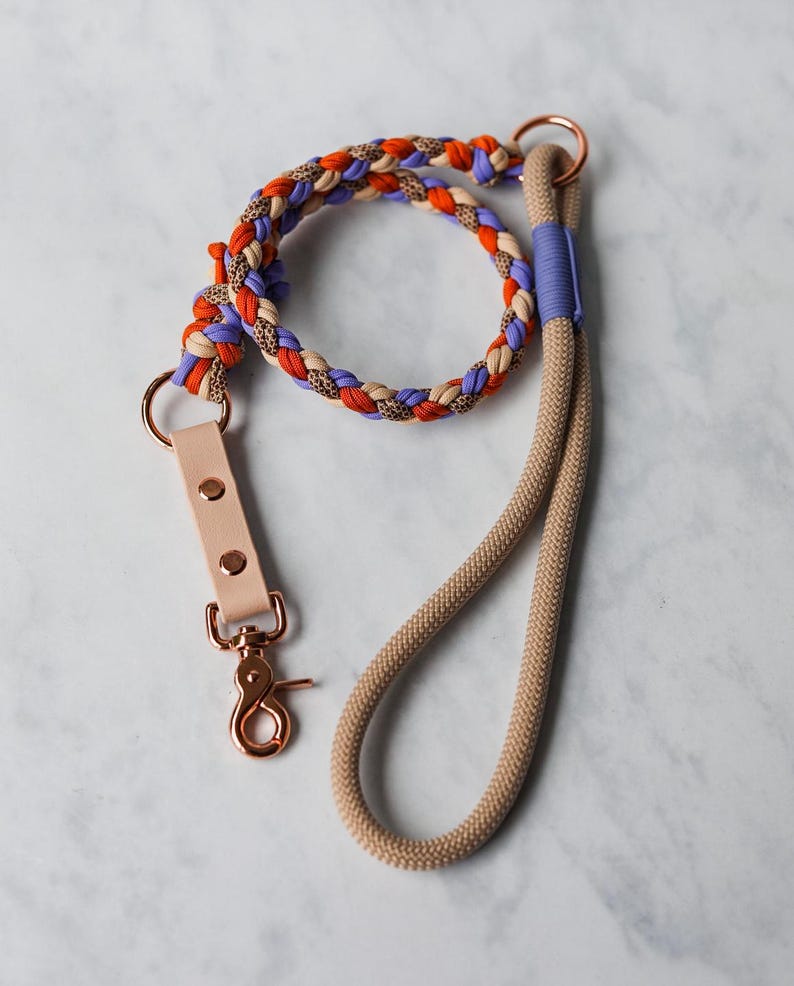 Short Leash Made of Paracord and Biothane Details, Rose Gold, Short