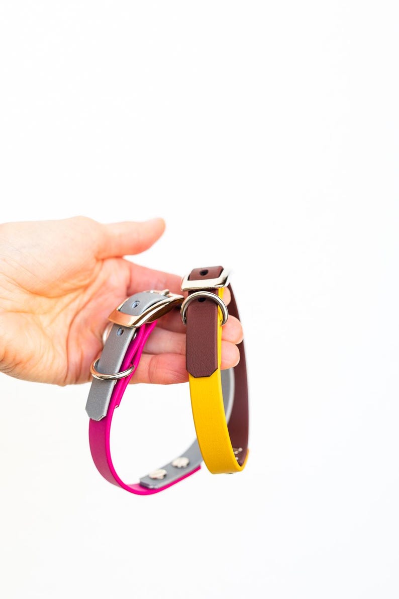 May include: Two leather dog collars in the image. One collar is gray and pink with silver hardware, and the other is yellow and brown with silver hardware. The collars are held against a white background.