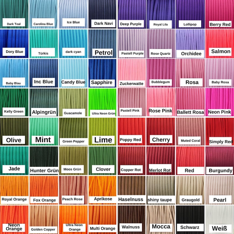 May include: A color chart featuring a wide array of cord colors, including shades of blue, green, purple, red, orange, and neutral tones. Each color is labeled with its name, such as "Dark Teal," "Cherry," and "Royal Orange."