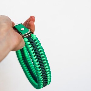 May include: A green and dark green braided dog collar with a silver buckle and green leather strap. The collar is held in a hand against a white background. The collar is approximately 1.5 inches wide.