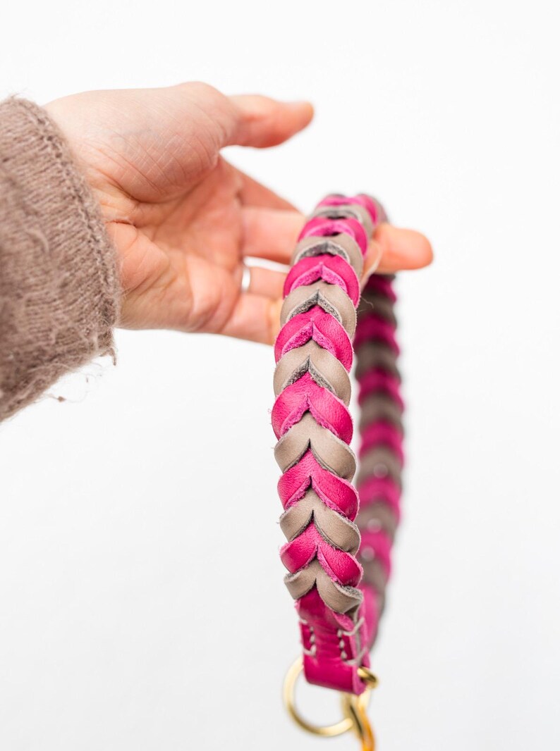May include: A pink and gray braided leather dog collar with a gold metal clasp.