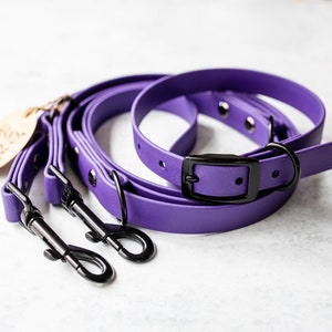 May include: Purple dog leashes and collars with black metal hardware. The leashes have a matching collar with a black buckle. A wooden tag with the words "Hand Made" is attached to the leash.