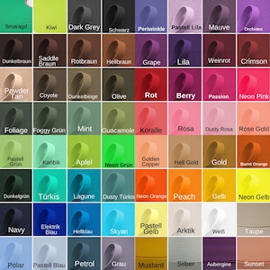 May include: A color chart featuring a variety of ribbon samples in a spectrum of hues. Colors include shades of green, blue, purple, pink, orange, yellow, brown, and gray. Each ribbon is labeled with its corresponding color name.