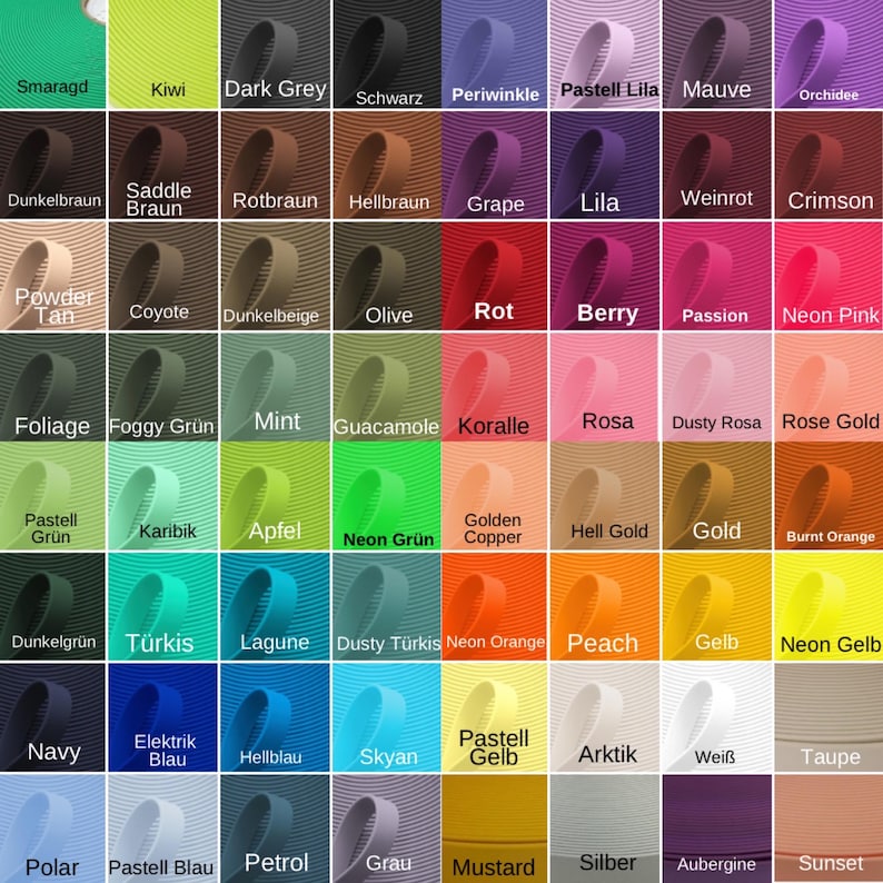 May include: A color chart featuring a variety of ribbon samples in a spectrum of hues. Colors include shades of green, blue, purple, pink, orange, yellow, brown, and gray. Each ribbon is labeled with its corresponding color name.