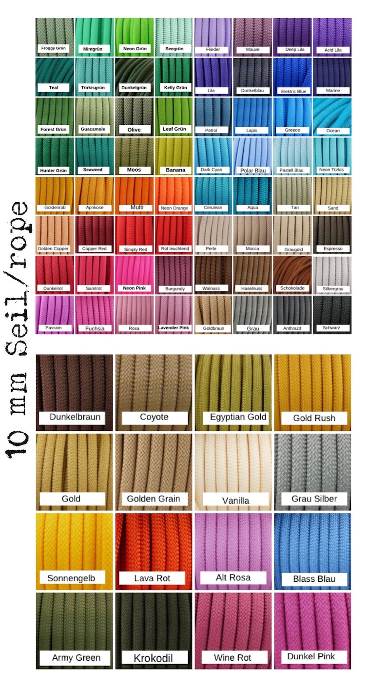 Może przedstawiać: Wzornik kolor&oacute;w przedstawiający liczne pr&oacute;bki liny o średnicy 10 mm w szerokiej gamie odcieni, w tym zieleni, błękit&oacute;w, czerwieni, r&oacute;ż&oacute;w, brąz&oacute;w i kolor&oacute;w neutralnych. Każda pr&oacute;bka jest oznaczona nazwą koloru w układzie siatki.