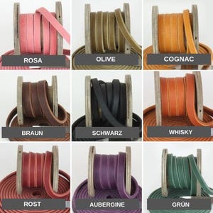May include: Nine spools of leather cord in various colors, including rosa, olive, cognac, brown, schwarz, whisky, rost, aubergine, and gr&uuml;n.