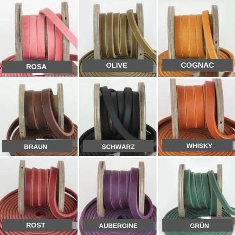 May include: Nine spools of leather cord in various colors, including rosa, olive, cognac, brown, schwarz, whisky, rost, aubergine, and gr&uuml;n.