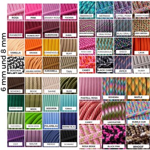 May include: A grid of colorful paracord samples in various shades, including pink, blue, green, and brown. The text "6 mm und 8 mm" is visible, indicating the cord's diameter. Each color is labeled with a German name.