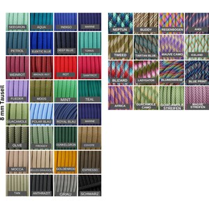 May include: A color chart of 8 mm paracord rope samples. The samples display a variety of colors and patterns, including solid colors like teal, red, and black, and patterned options like camouflage and striped designs. The text "8 mm Tauseil" is visible.