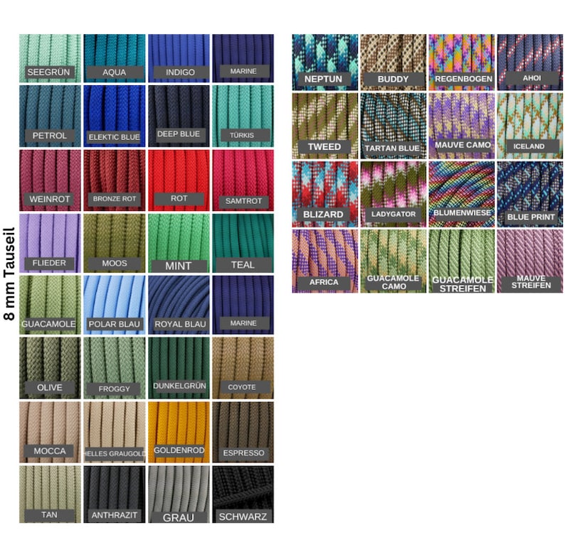 May include: A color chart of 8 mm paracord rope samples. The samples display a variety of colors and patterns, including solid colors like teal, red, and black, and patterned options like camouflage and striped designs. The text "8 mm Tauseil" is visible.