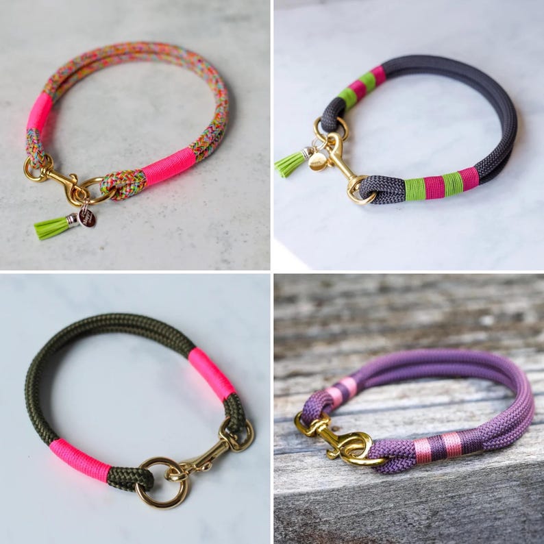 May include: Four dog collars in various colors. One is multi-colored with neon pink accents, another is gray with green and pink stripes, a third is olive green with pink, and the last is purple with pink stripes. All have gold-colored hardware.
