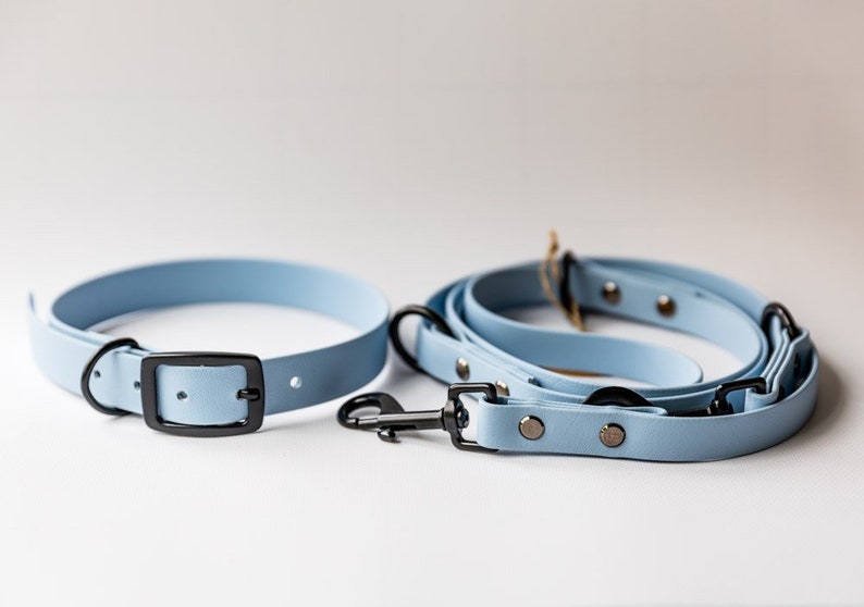 May include: A light blue dog collar and matching leash set. The collar has a black buckle, and the leash has a black clasp. The set is made of a smooth material and is designed for pet owners.