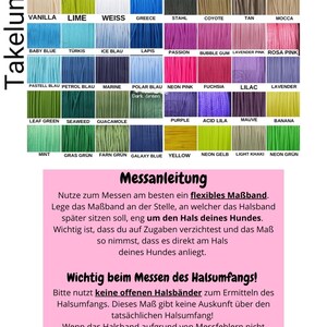 May include: Color chart of cords with various hues, including gold, teal, and purple. The image also includes instructions in German for measuring a dog's neck for a collar, and a warning about incorrect measuring methods.
