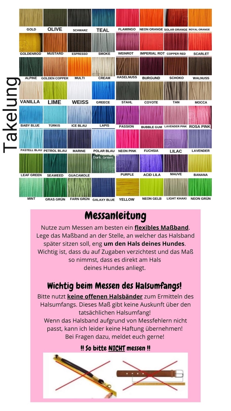 May include: Color chart of cords with various hues, including gold, teal, and purple. The image also includes instructions in German for measuring a dog's neck for a collar, and a warning about incorrect measuring methods.