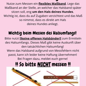 May include: An instructional graphic on a light pink background with black text titled Messanleitung. It provides guidance on measuring a dog's neck circumference using a flexible tape measure, including visual examples of incorrect measurement methods.