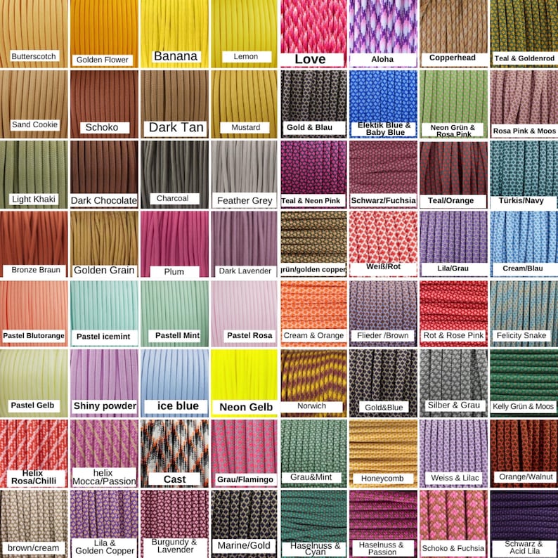 May include: A color chart featuring a variety of paracord colors, including Butterscotch, Banana, Love, and Teal & Goldenrod. Each color is labeled with its name, offering a wide selection for crafting and DIY projects. The image showcases a diverse palette.
